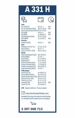 Zadní stěrač POSCHE Cayenne (92A) r.v. 2010->, BOSCH TWIN 330 mm