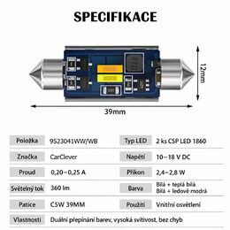 LED sufit (39mm) bílá, 12V, 2LED/CSP1860 CAN-Bus, bílá+modrá