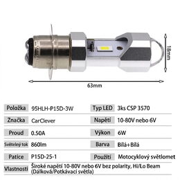 CSP LED P15D bílá, 10-80V, 3W, motocyklová