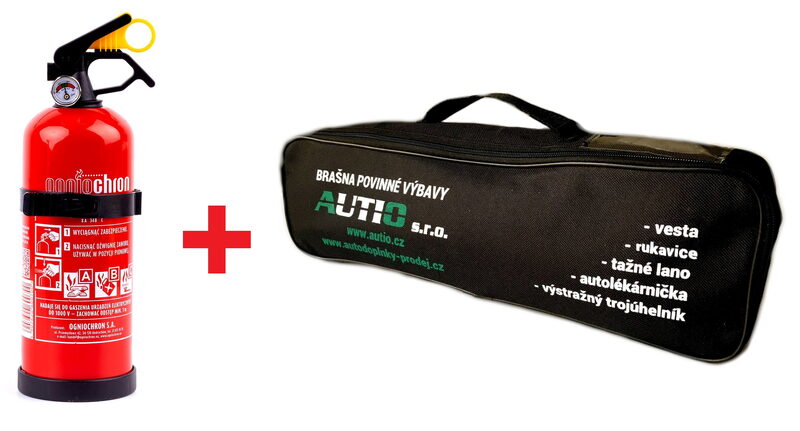 Brašna se základní výbavou + práškový hasící přístroj ABC s manometrem a držákem, 1 kg