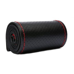 Potah volantu kožený černý s červenou nití 39-40cm, obvod 11-12 cm
