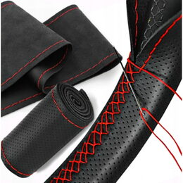 Potah volantu kožený černý s červenou nití 39-40cm, obvod 11-12 cm