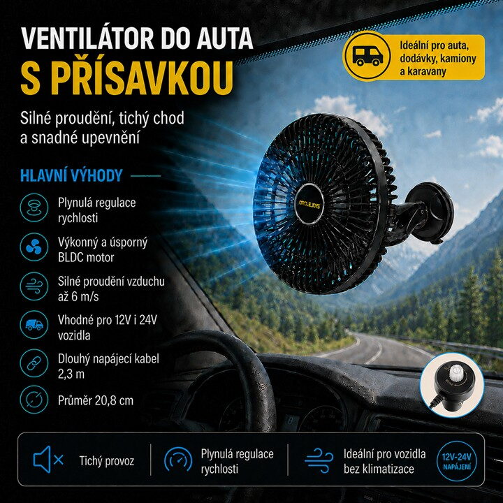 Ventilátor 208 mm s přísavkou 12-24V
