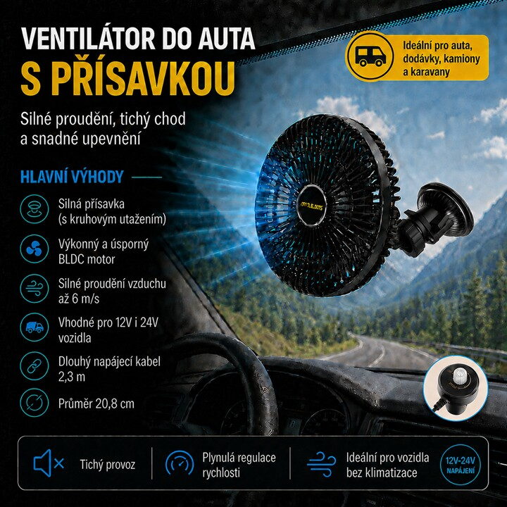 Ventilátor 208 mm s přísavkou 12-24V
