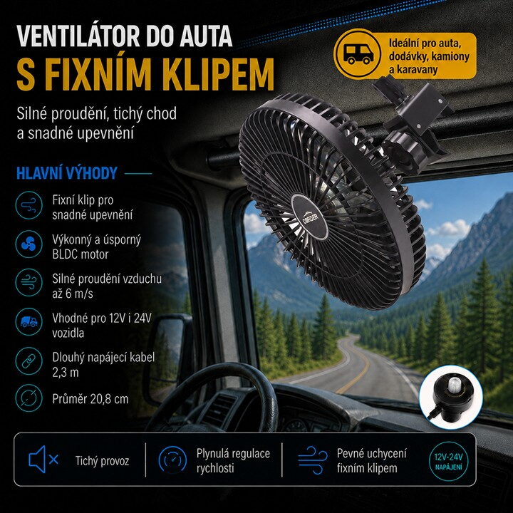 Ventilátor 208 mm na fixní klip 12-24V