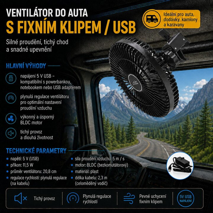 Ventilátor 208 mm na fixní klip USB