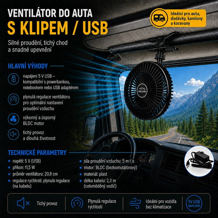 Ventilátor 208 mm na klip USB