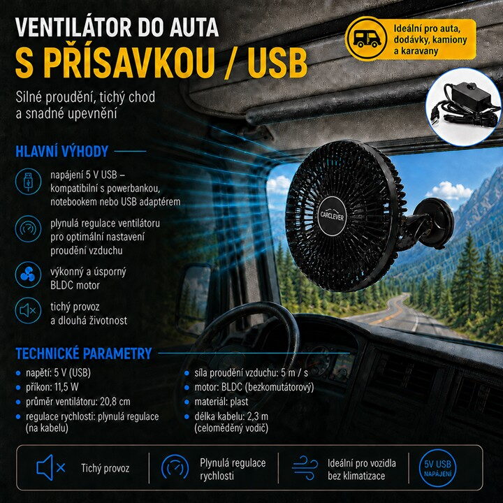 Ventilátor 208 mm s přísavkou USB