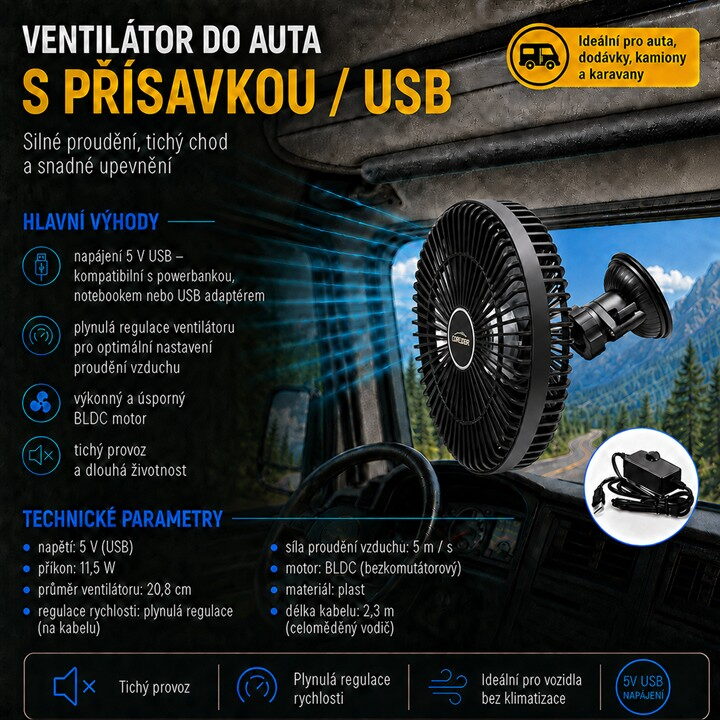 Ventilátor 208 mm s přísavkou USB
