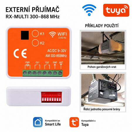 Univerzální 2-kanálový WiFi/RF přijímač 300–868 MHz pro vrata a brány, Tuya/SmartLife