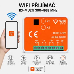 Univerzální 2-kanálový WiFi/RF přijímač 300–868 MHz pro vrata a brány, Tuya/SmartLife