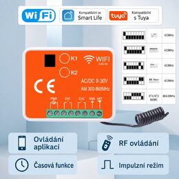 Univerzální 2-kanálový WiFi/RF přijímač 300–868 MHz pro vrata a brány, Tuya/SmartLife