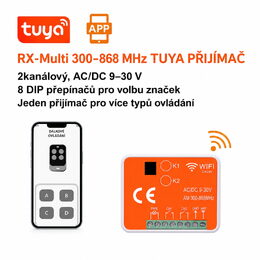 Univerzální 2-kanálový WiFi/RF přijímač 300–868 MHz pro vrata a brány, Tuya/SmartLife