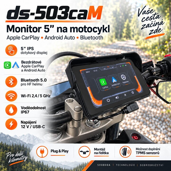 Monitor 5" na motocykl s Apple CarPlay, Android auto, Bluetooth