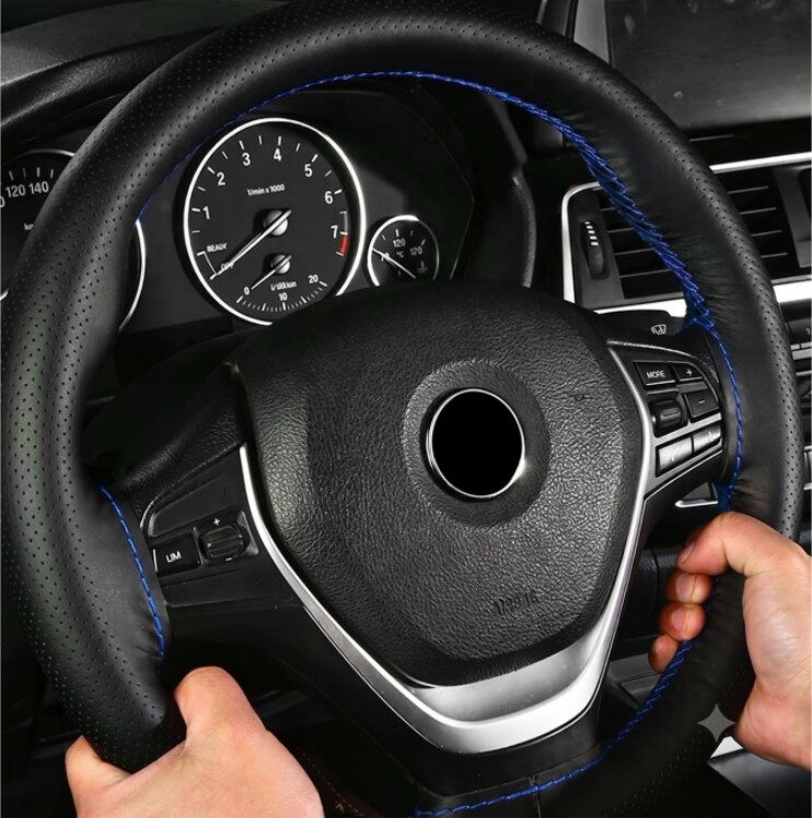 Potah volantu kožený černý s modrou nití 37-38cm, obvod 8,5-10,5 cm