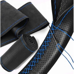 Potah volantu kožený černý s modrou nití 37-38cm, obvod 8,5-10,5 cm