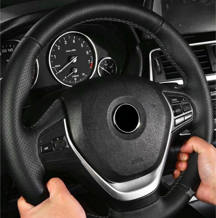 Potah volantu kožený černý s šedou nití 37-38cm, obvod 8,5-10,5 cm