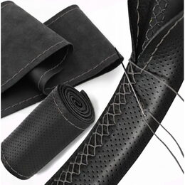 Potah volantu kožený černý s šedou nití 37-38cm, obvod 8,5-10,5 cm