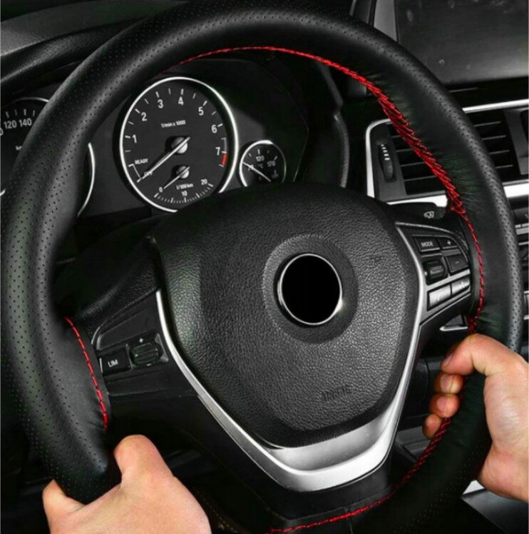 Potah volantu kožený černý s červenou nití 37-38cm, obvod 8,5-10,5 cm