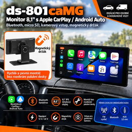 Monitor 8,1" s Apple CarPlay, Android auto, Bluetooth, micro SD, kamerový vstup, magnetick