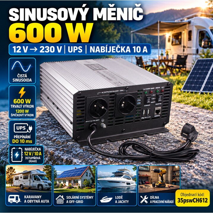 Sinusový měnič napětí UPS 600W 12/230V + nabíječka 12V/10A