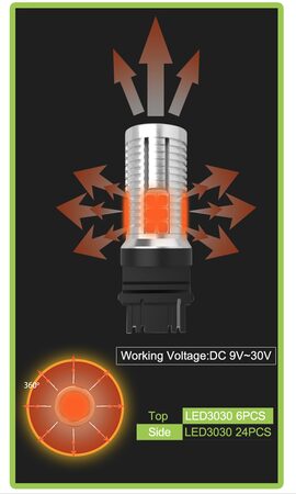 LED BAU15s oranžová, 12-24V, 30LED/3030SMD